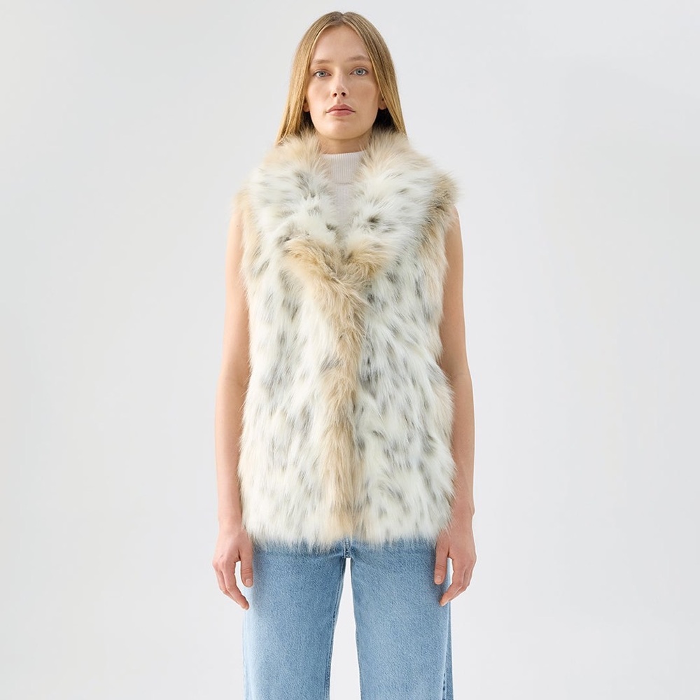 NWT Unreal Fur Rubicon Vest (Snow Leopard) - White and Tan - Faux Fur